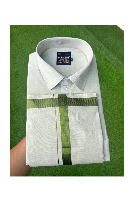 NEW! Kaitharikada Special -  Art Silk Men's Shirt & Dhoti Set - Light Sage Green Full Sleeve shirt and Light Sage Green Dhothi with Sage Green Kasavu Kara- 3KK6003SAR