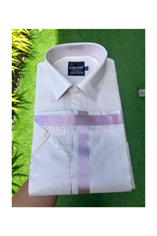 NEW! Kaitharikada Special - Art Silk Men's Shirt & Dhoti Set - Light Pink Shaded Half Sleeve shirt and Light Pink Shaded Dhothi with Light Pink Kasavu Kara - 3KK6004SAR.