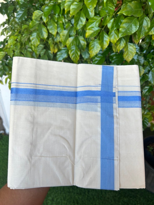 24% Discount ! KaithariKada Balaramapuram 100% Cotton Double OFF WHITE- (Unbleached) - Mundu / Dhoti- 100x80 - 1.5 inch Sky Blue Kara - 3KK5214 MC
