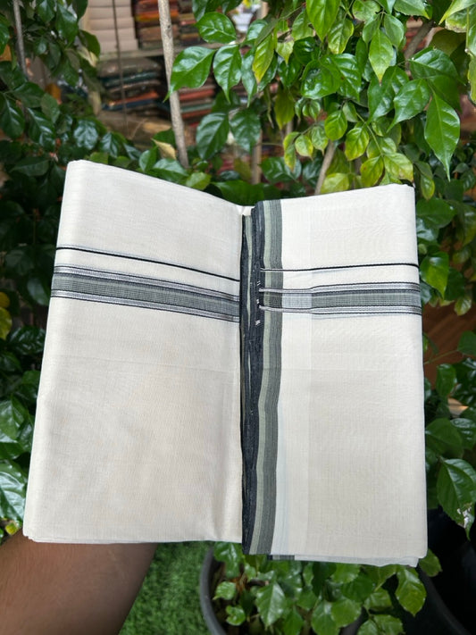 25% DISCOUNT!! KaithariKada HANDLOOM  UNAKKUPAAV Balaramapuram - 100% PURE Cotton OFF White - (Unbleached) Double Mundu/Dothi - 120 x 100 - 1.5 inch Black & Green Silver Kasav Striped Kara 4 meter - 30 KK5249 REA