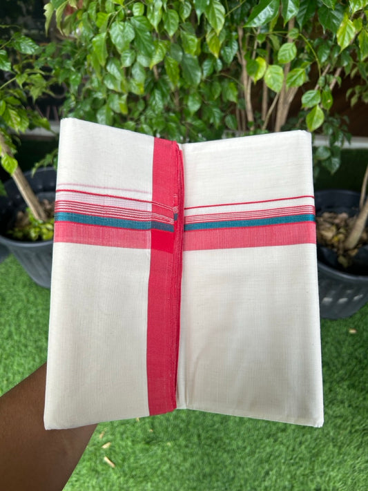 31% DISCOUNT!! KaithariKada HANDLOOM Millpaav Balaramapuram - 100% PURE Cotton OFF White Double - (Unbleached) Mundu/Dothi - 1.75 Inch Silver Peacock Blue Kasav Red Kara - 30kk5153RAM