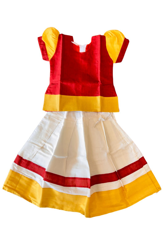 Midukki-Traditional South Indian Kids Pattu Pavada-  Maroon top with emboss work offwhite skirt with kasavu- Age 3 - KK3MID0030