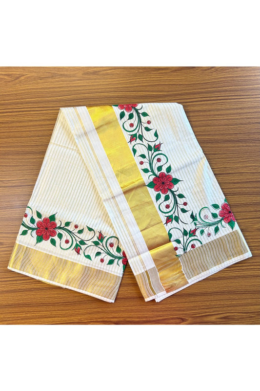 25% Discount! Kaitharikada Kerala Saree - Cotton Off white - Kasavu Zari & Red Floral Prints Striped Body- 30KK300VIN