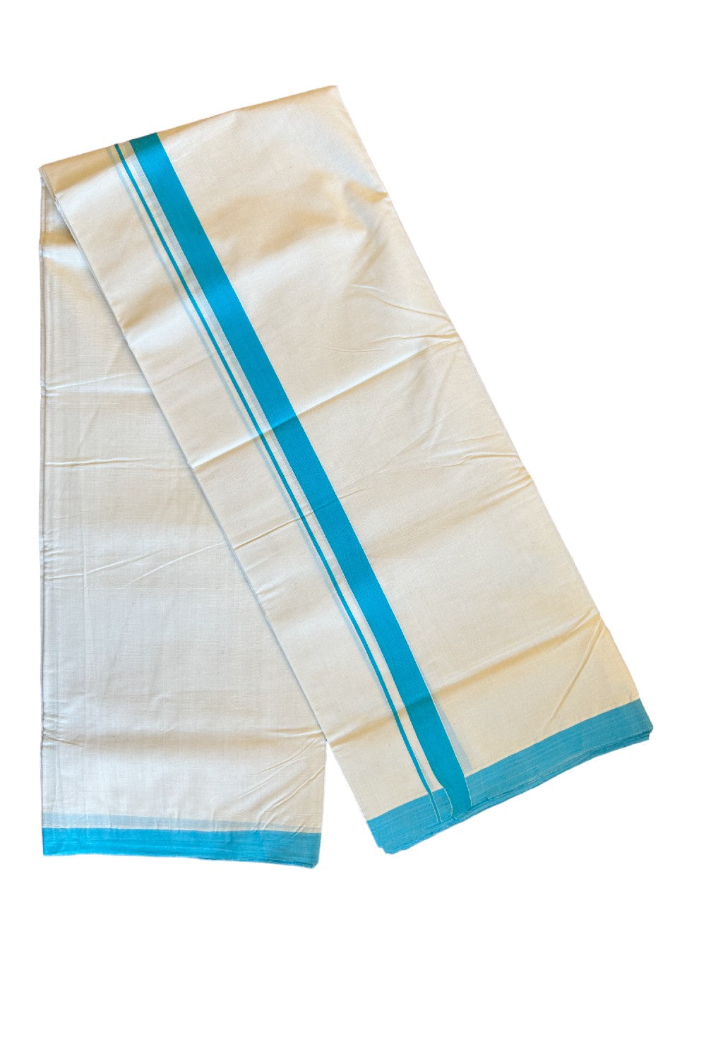 30% DISCOUNT!! KaithariKada HANDLOOM UNAKKUPAAV Balaramapuram - 100% PURE Cotton OFF White (Unbleached) Double Mundu/Dothi - 1.5 Inch Sky blue Mulloth Kara - 30KK456KK