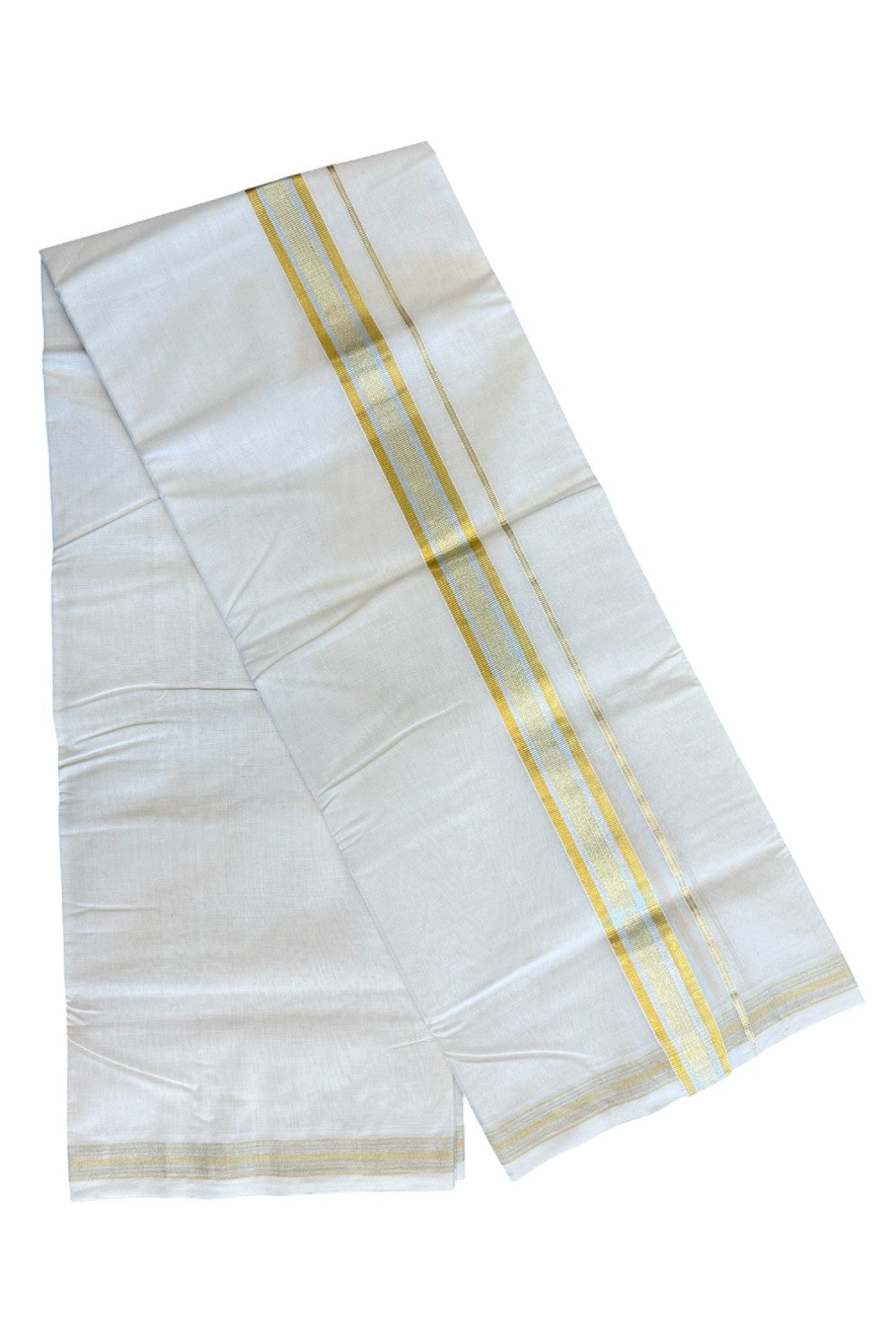 25% DISCOUNT ! KaithariKada HANDLOOM Millpaav Balaramapuram - 100% PURE Cotton Off White Double - (Unbleached) Mundu/Dhoti - 2.45 inch Gold Kasavu & Silver stripes Kara- 30KK5029RAM