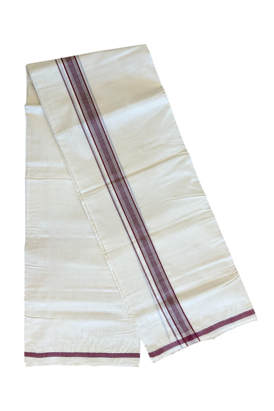 30% DISCOUNT! KaithariKada BALARAMAPURAM HANDLOOM Unakkupaav- 100% PURE Cotton 100x100 Double Mundu/Dhoti OFF WHITE (Unbleached) - Maroon Stripes Kara