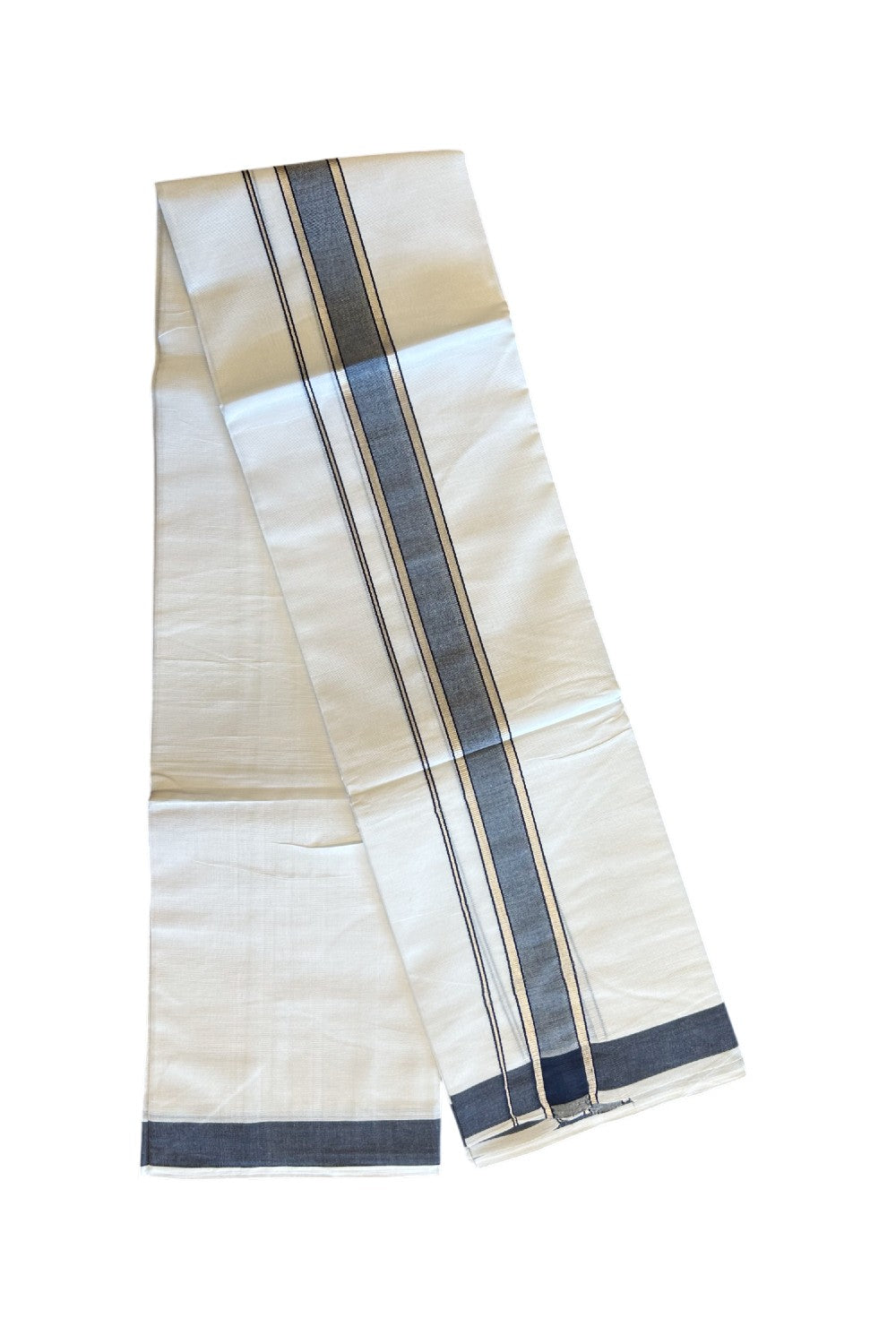 20% DISCOUNT! KaithariKada Balaramapuram 100% Mercerised Cotton Double ULTRA PURE white Mundu/Dhoti - 100x100  2.25 inch Silver Kasavu & Navy blue Kara - 30KK5108GAN