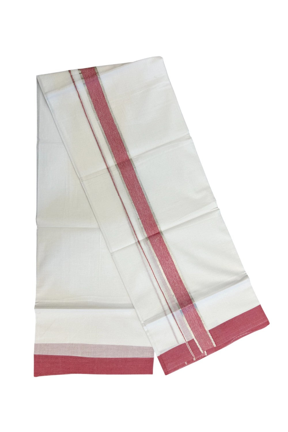 20% Discount !! KaithariKada Balaramapuram Double PURE WHITE Mundu/Dhoti- 100x80 - 1.5 inch Dark Pink Shaded Kara Silver Striped kara - 30KK5143PMC