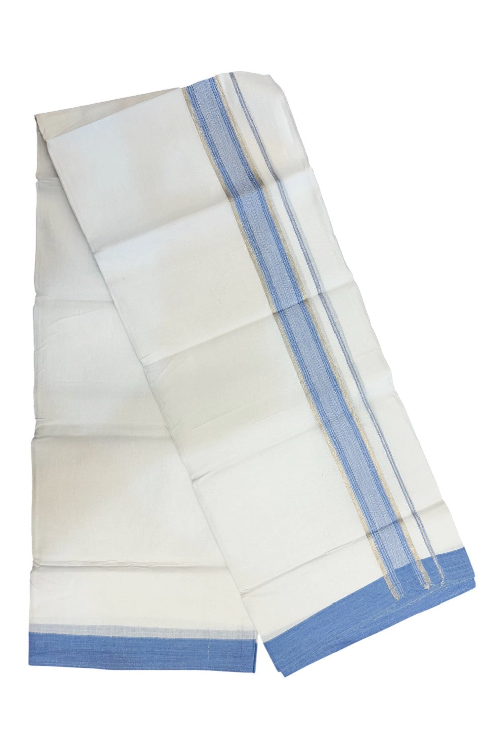 Linen Dhoti NEW! 20% Discount from Kaitharikada.com - Double Mundu/Dhoti 80x90 Thread PURE WHITE - Pure Cotton + Linen -1.5 Inch Sky Blue & Silver Striped Kara - 30KK5174THI