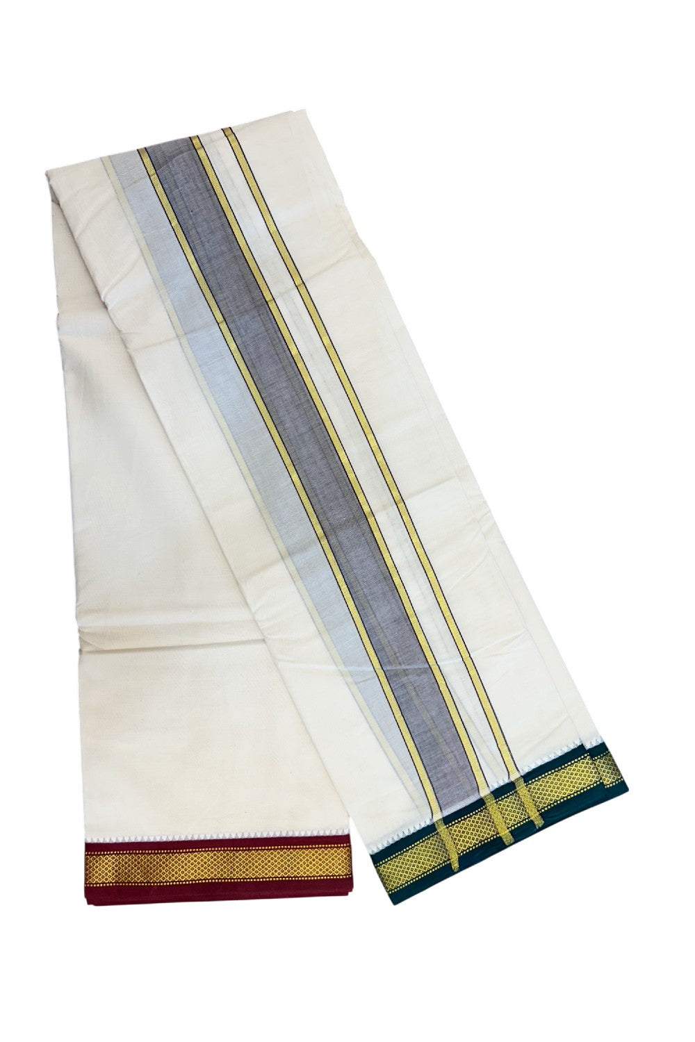 20% DISCOUNT! KaithariKada 100% Cotton Off White - (Unbleached) 100x100 thread - NORTH INDIAN- ATTACHED GAMCHA 9x5 Dhoti 2 inch Violet kara with Maroon & Dark Green Kasavu border - 30KK5196PMC