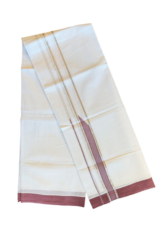 21% DISCOUNT! KaithariKada Balaramapuram 100% Cotton Double PURE white Mundu/Dhoti-100x92   2.25 Inch  Heavy Designer Chutty LIGHT MAROON & Silver Kasavu Kara- 30KK84CEE