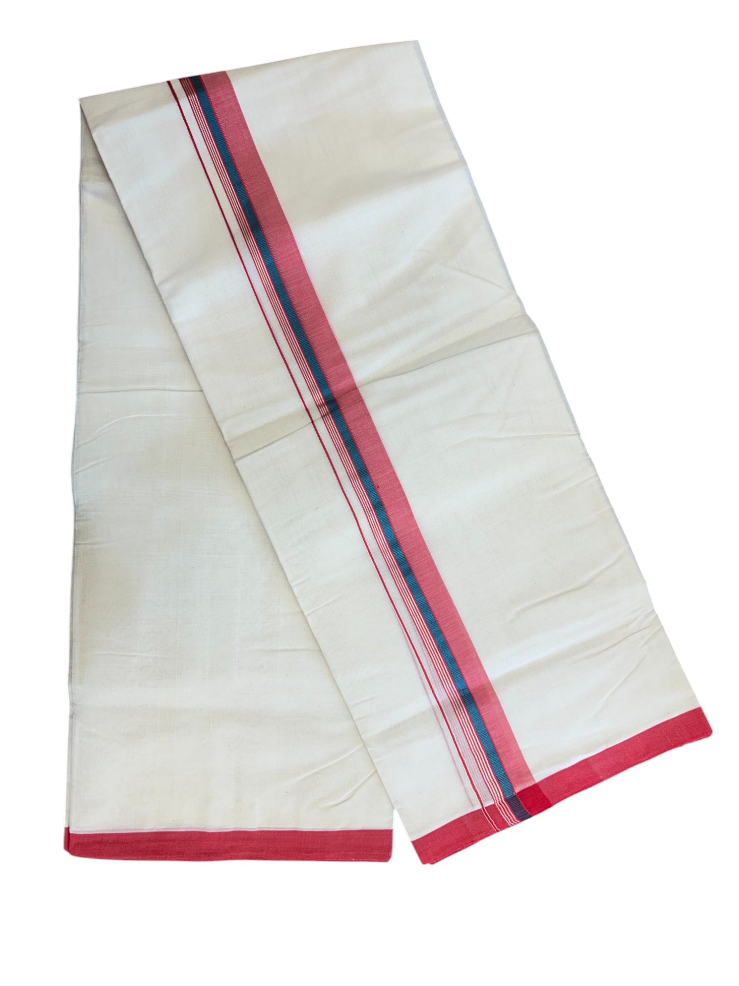 31% DISCOUNT!! KaithariKada HANDLOOM Millpaav Balaramapuram - 100% PURE Cotton OFF White Double - (Unbleached) Mundu/Dothi - 1.75 Inch Silver Peacock Blue Kasav Red Kara - 30kk5153RAM