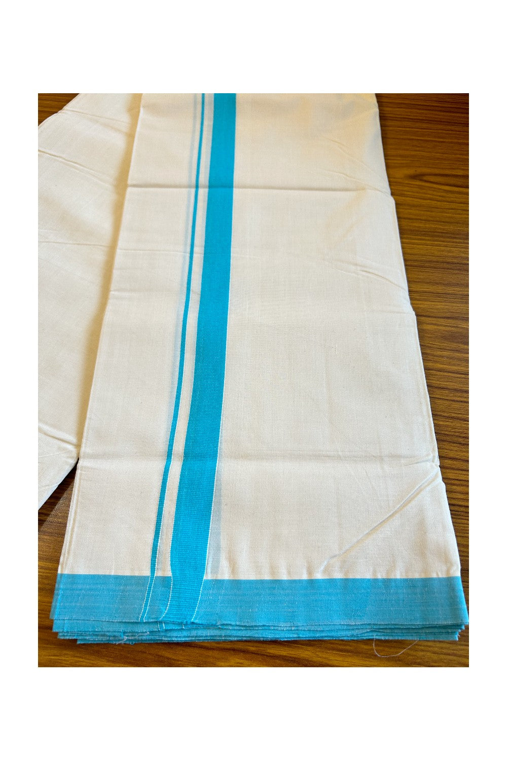 30% DISCOUNT!! KaithariKada HANDLOOM UNAKKUPAAV Balaramapuram - 100% PURE Cotton OFF White (Unbleached) Double Mundu/Dothi - 1.5 Inch Sky blue Mulloth Kara - 30KK456KK