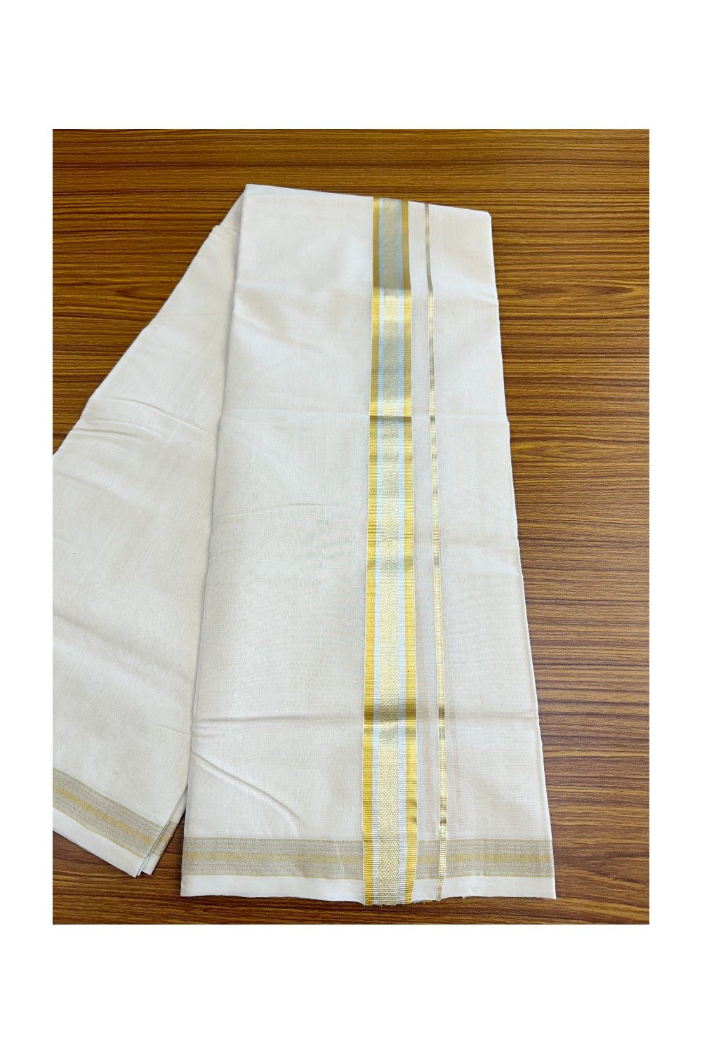 25% DISCOUNT ! KaithariKada HANDLOOM Millpaav Balaramapuram - 100% PURE Cotton Off White Double - (Unbleached) Mundu/Dhoti - 2.45 inch Gold Kasavu & Silver stripes Kara- 30KK5029RAM