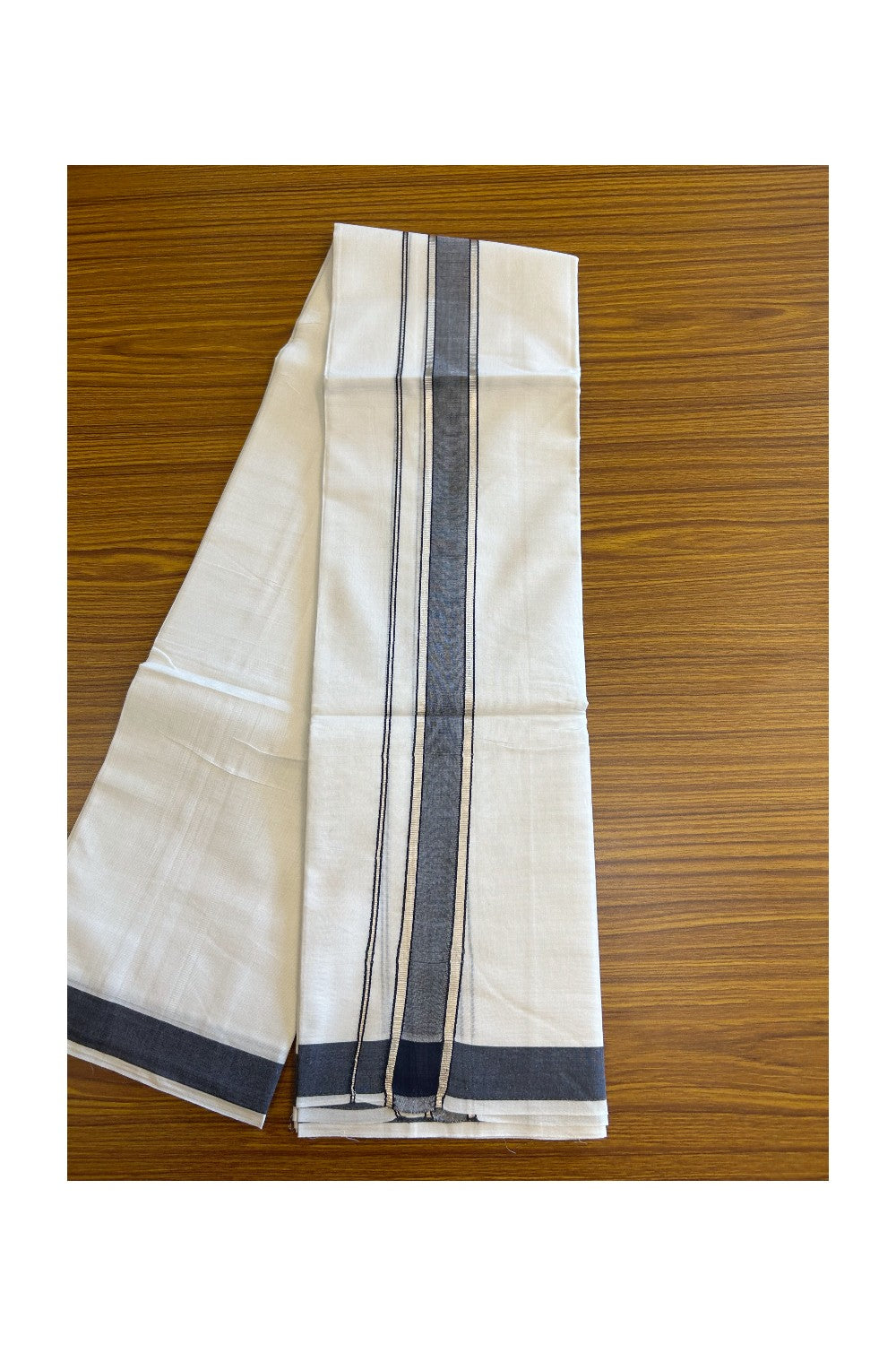 20% DISCOUNT! KaithariKada Balaramapuram 100% Mercerised Cotton Double ULTRA PURE white Mundu/Dhoti - 100x100  2.25 inch Silver Kasavu & Navy blue Kara - 30KK5108GAN