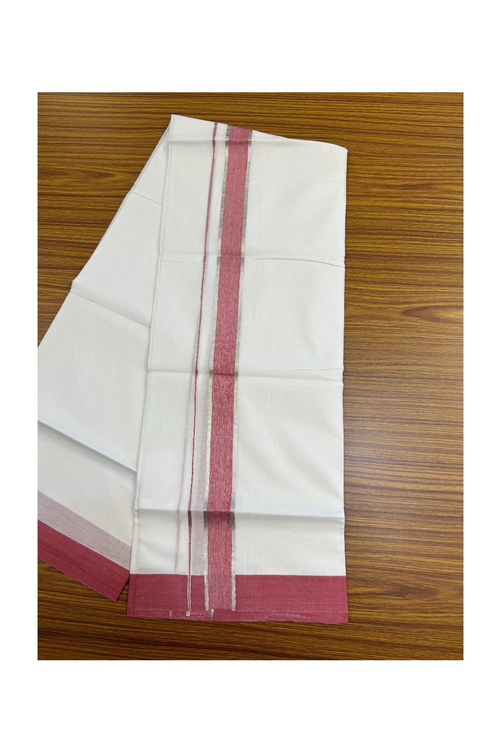 20% Discount !! KaithariKada Balaramapuram Double PURE WHITE Mundu/Dhoti- 100x80 - 1.5 inch Dark Pink Shaded Kara Silver Striped kara - 30KK5143PMC