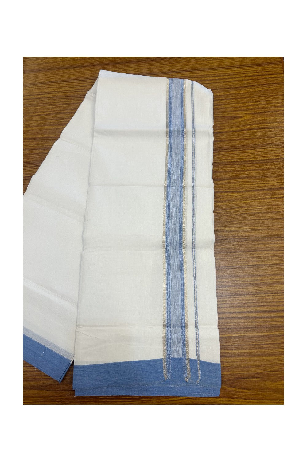 Linen Dhoti NEW! 20% Discount from Kaitharikada.com - Double Mundu/Dhoti 80x90 Thread PURE WHITE - Pure Cotton + Linen -1.5 Inch Sky Blue & Silver Striped Kara - 30KK5174THI