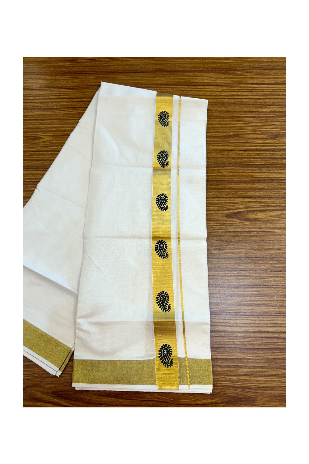 22% Discount!! KaithariKada Balaramapuram 100% Cotton DOUBLE OFF WHITE - (Ubleached) Mundu/Dhoti - 80x90 - 1.5 inch Gold Kasavu with Black Mango Printed Design Kara - 30KK5219 GAN