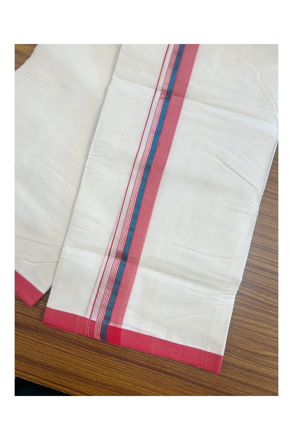 31% DISCOUNT!! KaithariKada HANDLOOM Millpaav Balaramapuram - 100% PURE Cotton OFF White Double - (Unbleached) Mundu/Dothi - 1.75 Inch Silver Peacock Blue Kasav Red Kara - 30kk5153RAM