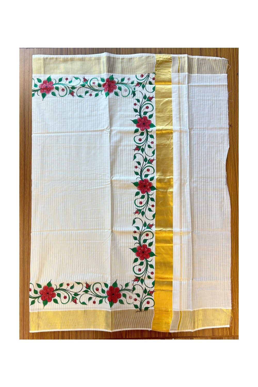25% Discount! Kaitharikada Kerala Saree - Cotton Off white - Kasavu Zari & Red Floral Prints Striped Body- 30KK300VIN