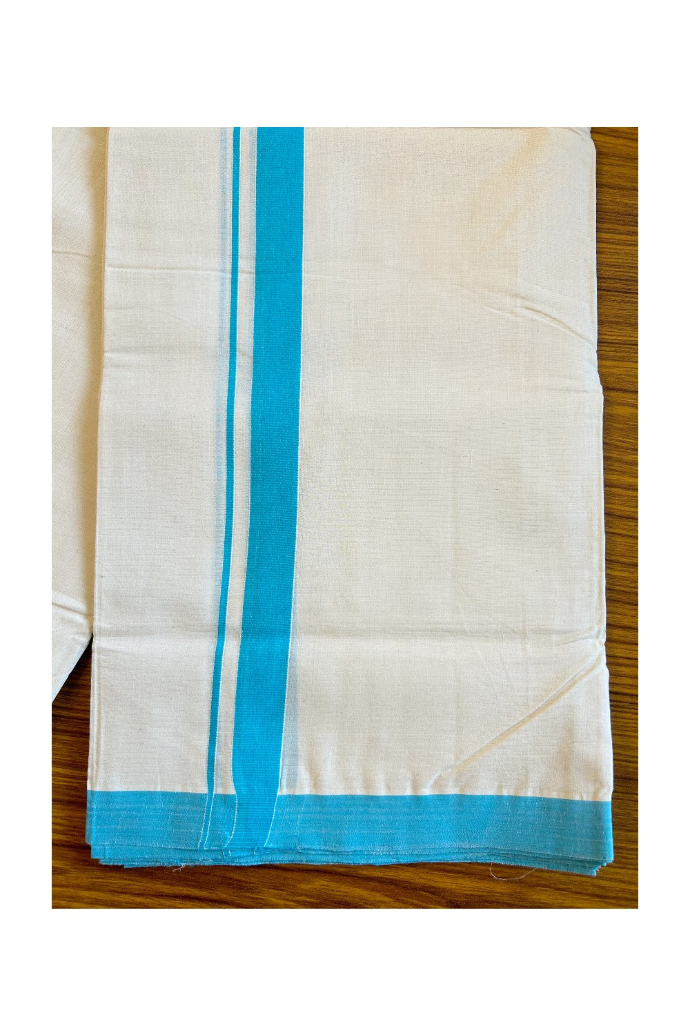 30% DISCOUNT!! KaithariKada HANDLOOM UNAKKUPAAV Balaramapuram - 100% PURE Cotton OFF White (Unbleached) Double Mundu/Dothi - 1.5 Inch Sky blue Mulloth Kara - 30KK456KK