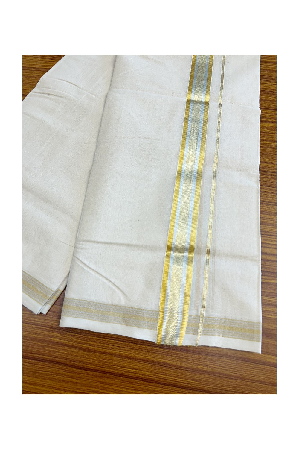 25% DISCOUNT ! KaithariKada HANDLOOM Millpaav Balaramapuram - 100% PURE Cotton Off White Double - (Unbleached) Mundu/Dhoti - 2.45 inch Gold Kasavu & Silver stripes Kara- 30KK5029RAM