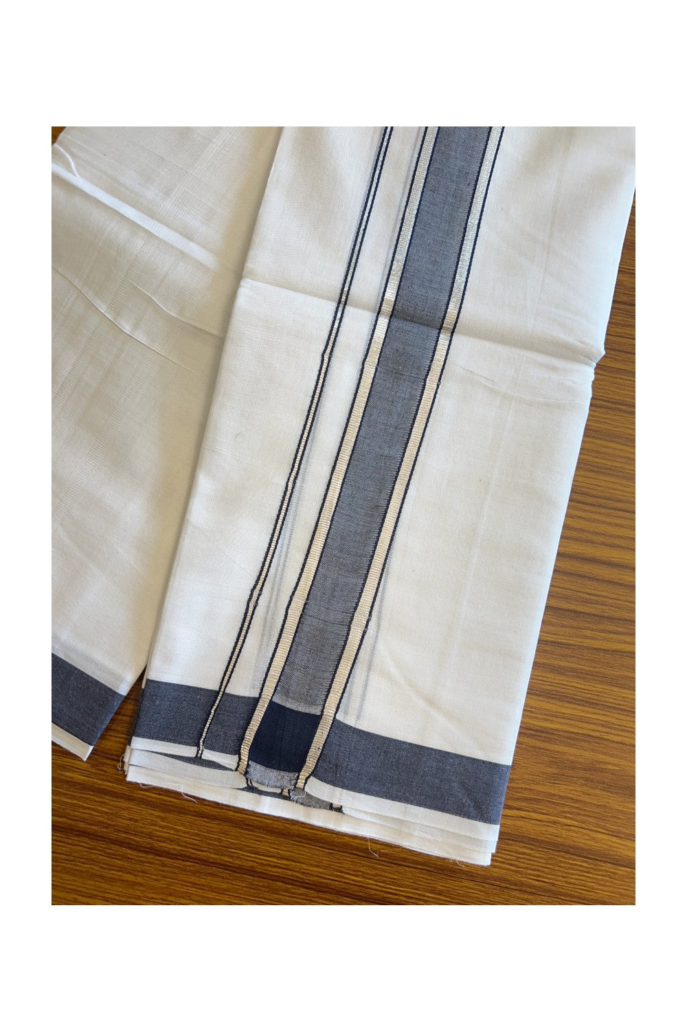 20% DISCOUNT! KaithariKada Balaramapuram 100% Mercerised Cotton Double ULTRA PURE white Mundu/Dhoti - 100x100  2.25 inch Silver Kasavu & Navy blue Kara - 30KK5108GAN