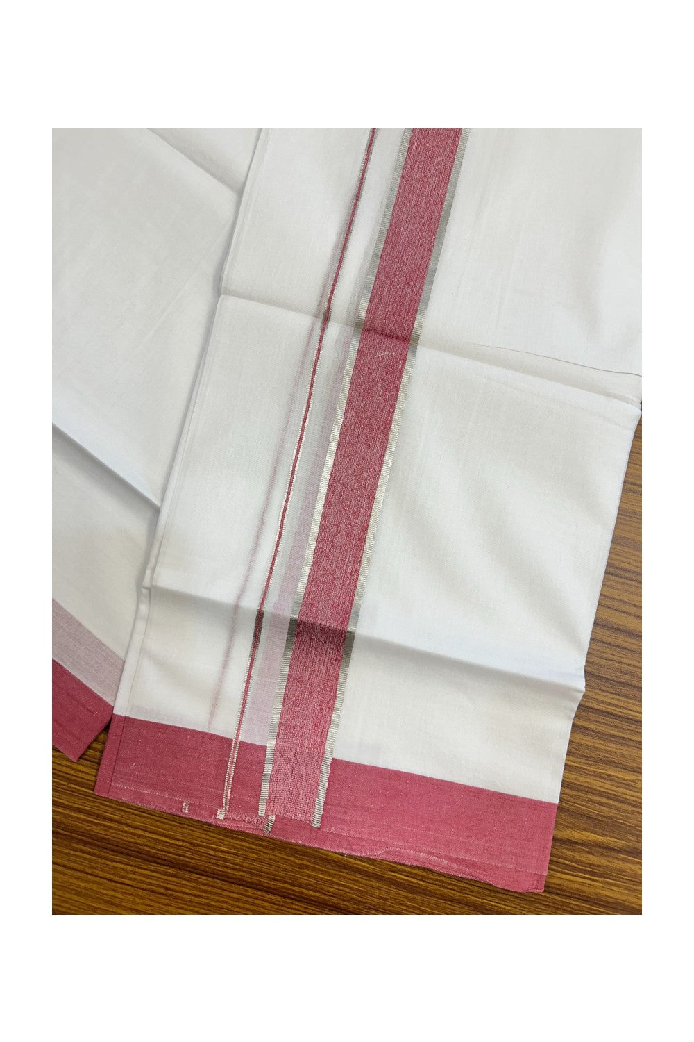 20% Discount !! KaithariKada Balaramapuram Double PURE WHITE Mundu/Dhoti- 100x80 - 1.5 inch Dark Pink Shaded Kara Silver Striped kara - 30KK5143PMC