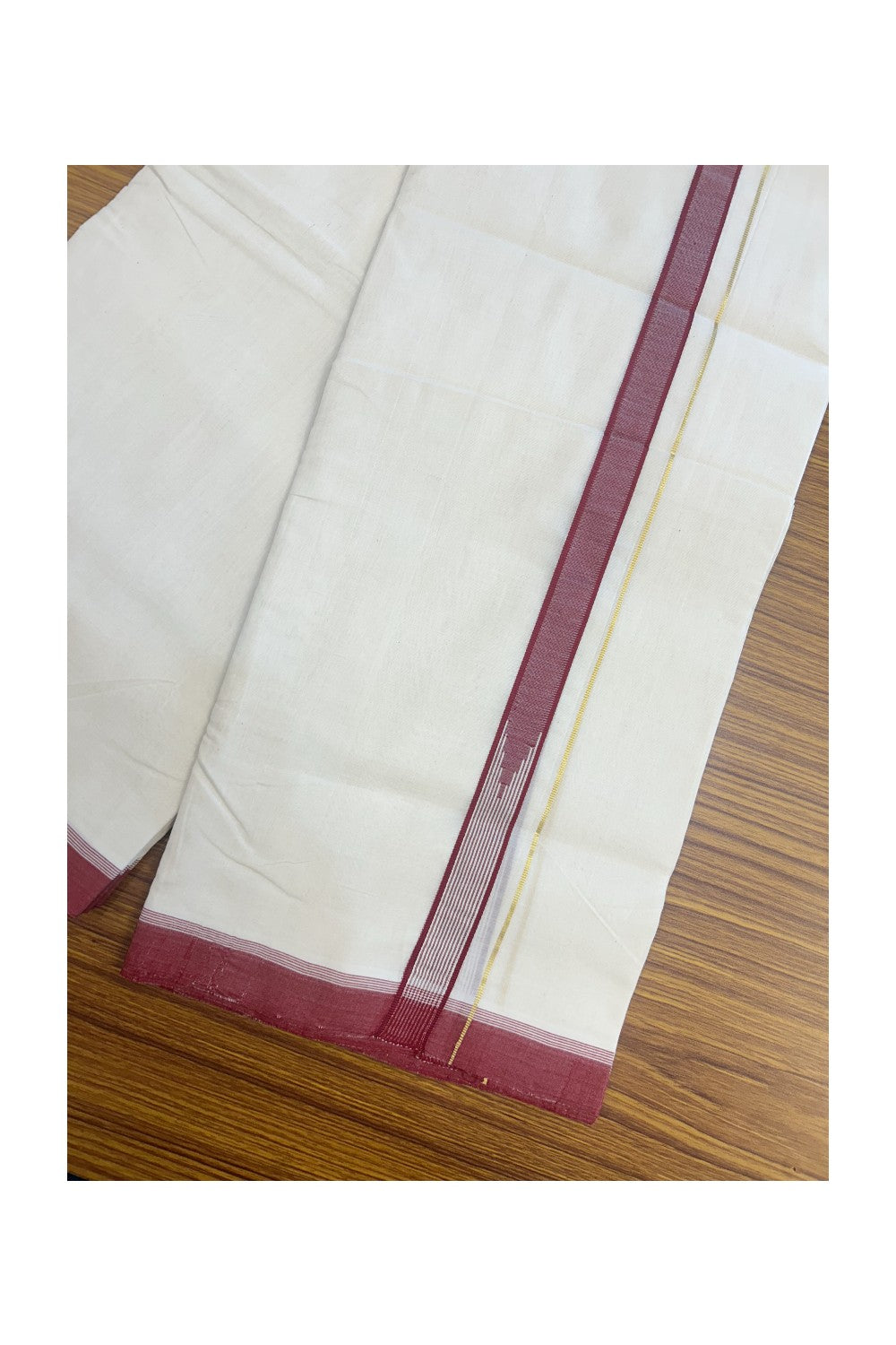 25% DISCOUNT!! KaithariKada HANDLOOM  UNAKKUPAAV Balaramapuram - 100% PURE Cotton OFF White - (Unbleached) Double Mundu/Dothi - 100x100 - PURE KASAVU 2 cm Red & White striped chutty 3.80 meter (8.5 Muzham) - 25KK5167REA