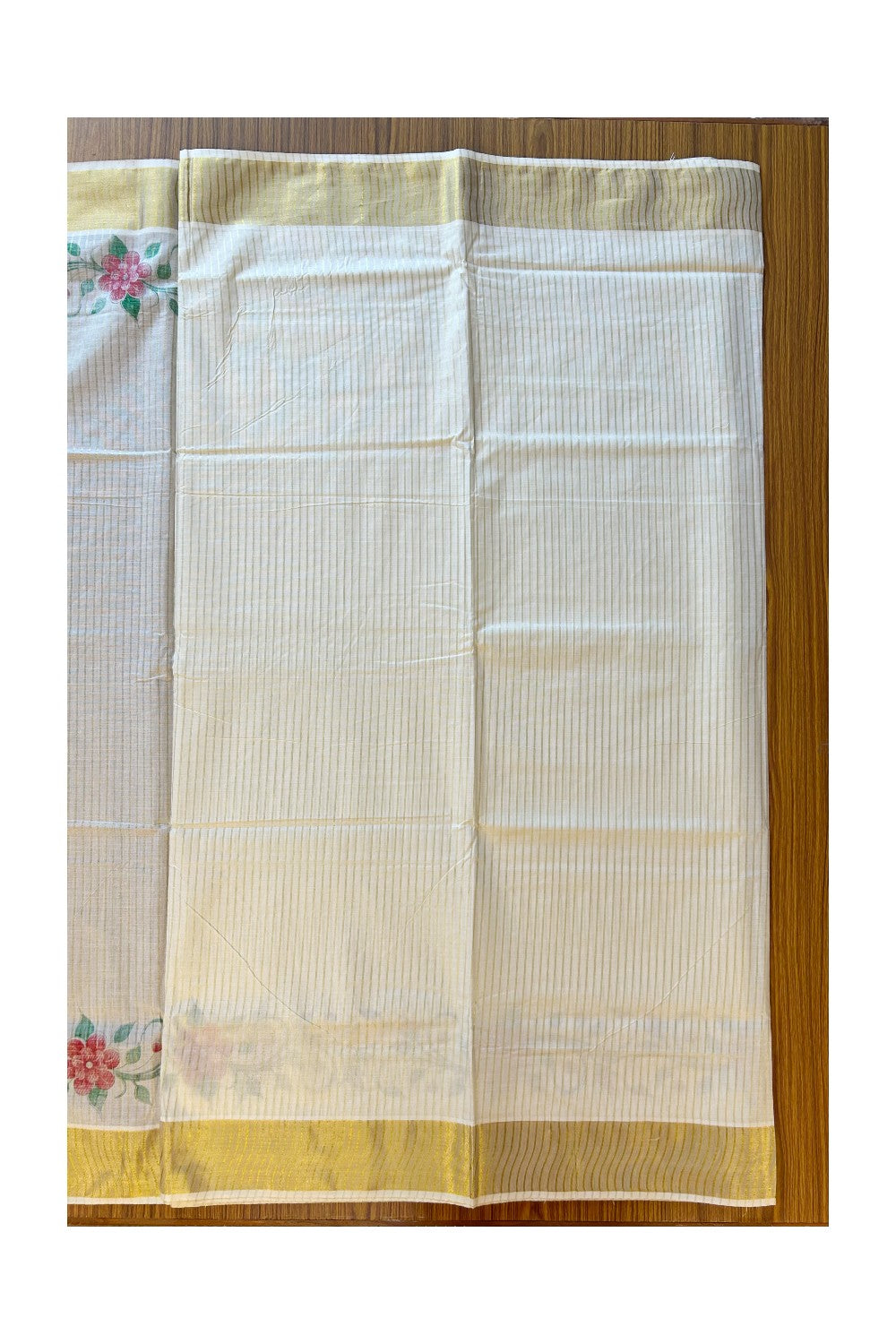 25% Discount! Kaitharikada Kerala Saree - Cotton Off white - Kasavu Zari & Red Floral Prints Striped Body- 30KK300VIN