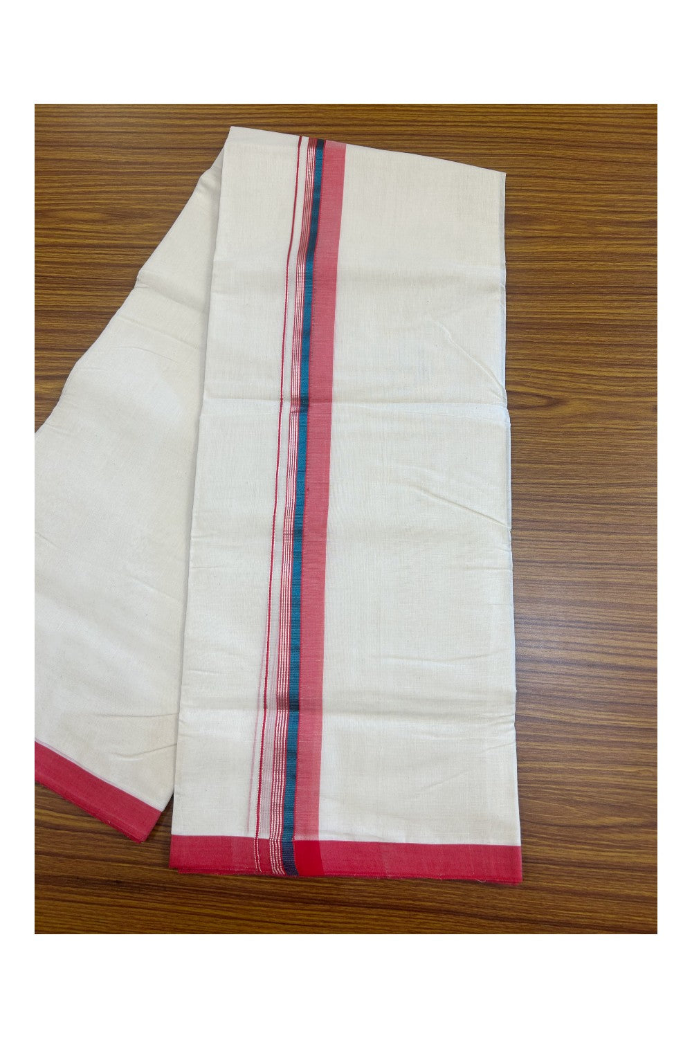 31% DISCOUNT!! KaithariKada HANDLOOM Millpaav Balaramapuram - 100% PURE Cotton OFF White Double - (Unbleached) Mundu/Dothi - 1.75 Inch Silver Peacock Blue Kasav Red Kara - 30kk5153RAM