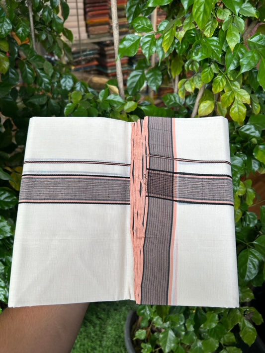 25% DISCOUNT!! KaithariKada HANDLOOM  UNAKKUPAAV Balaramapuram - 100% PURE Cotton OFF White - (Unbleached) Double Mundu/Dothi - 100 x 80 - 1.50 inch Peach Black Kara 3.80 meter (8.5 mulam) - 31 KK5249 REA