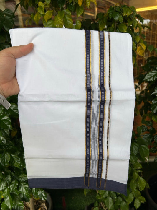 24% Discount! KaithariKada Balaramapuram 100% Cotton Pure white Double Mundu/Dhoti - (100x80)s - 1.5 inch Puliyilakkara Navy Blue Stripes Chutty Gold Kasav - 31 KK5258 THI