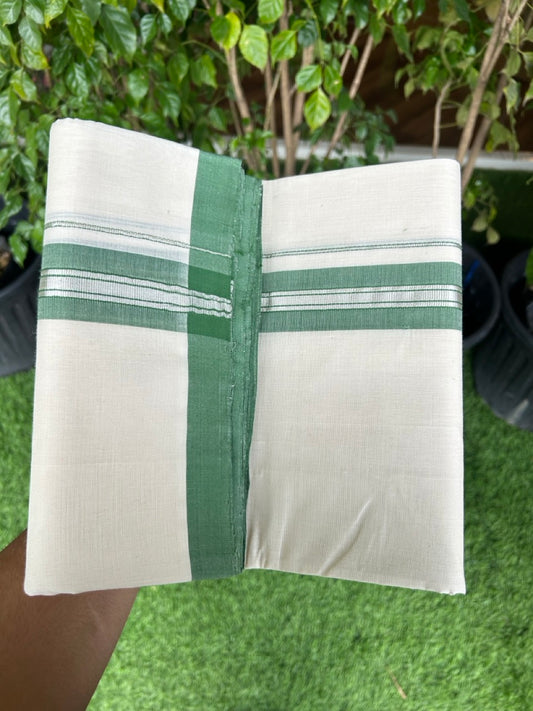 31% DISCOUNT!! KaithariKada HANDLOOM Millpaav Balaramapuram - 100% PURE Cotton OFF White Double - (Unbleached) Mundu/Dothi - 1.75 Inch Silver Kasav Green Kara - 31kk5153RAM
