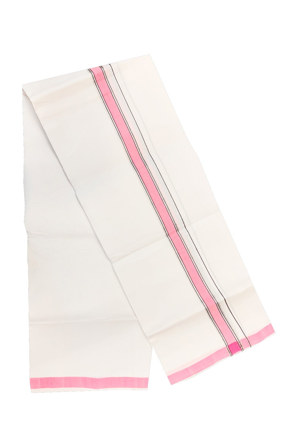 30% OFFER! KaithariKada 100% Cotton Balaramapuram HANDLOOM Single PURE WHITE Mundu/Dhoti - 1.75 inch (2 meter / 4 muzham) Pink Silver Kasavu Kara & Stripes Design - 31KAI.