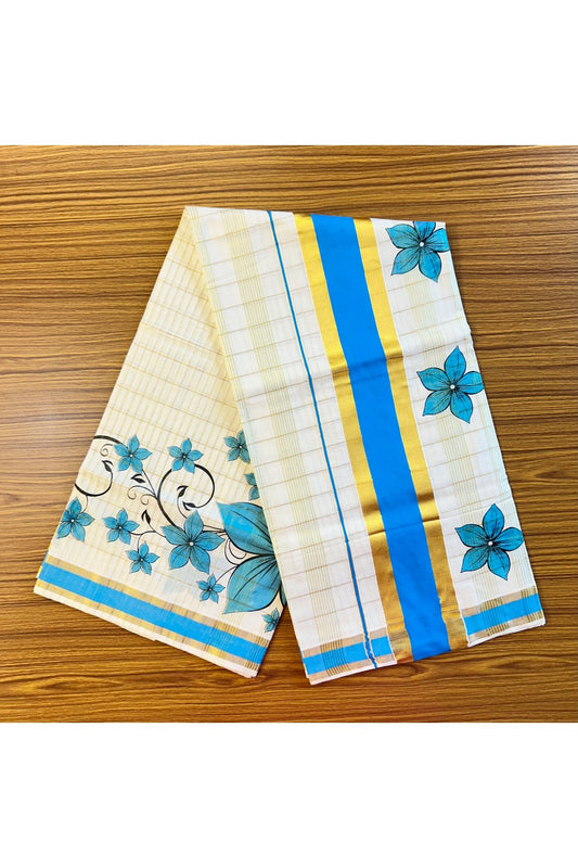 25% Discount! Kaitharikada Kerala Saree - Cotton Off white - Kasavu Zari & Blue Floral Prints Striped Body- 31KK300VIN