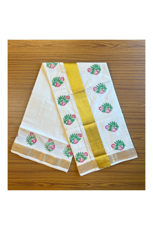 25% Discount! Kaitharikada Kerala Cotton Saree Off white - 12 inch Kasavu Zari with Purple Flower Pattern Kasavu Design- 31KK303VIN