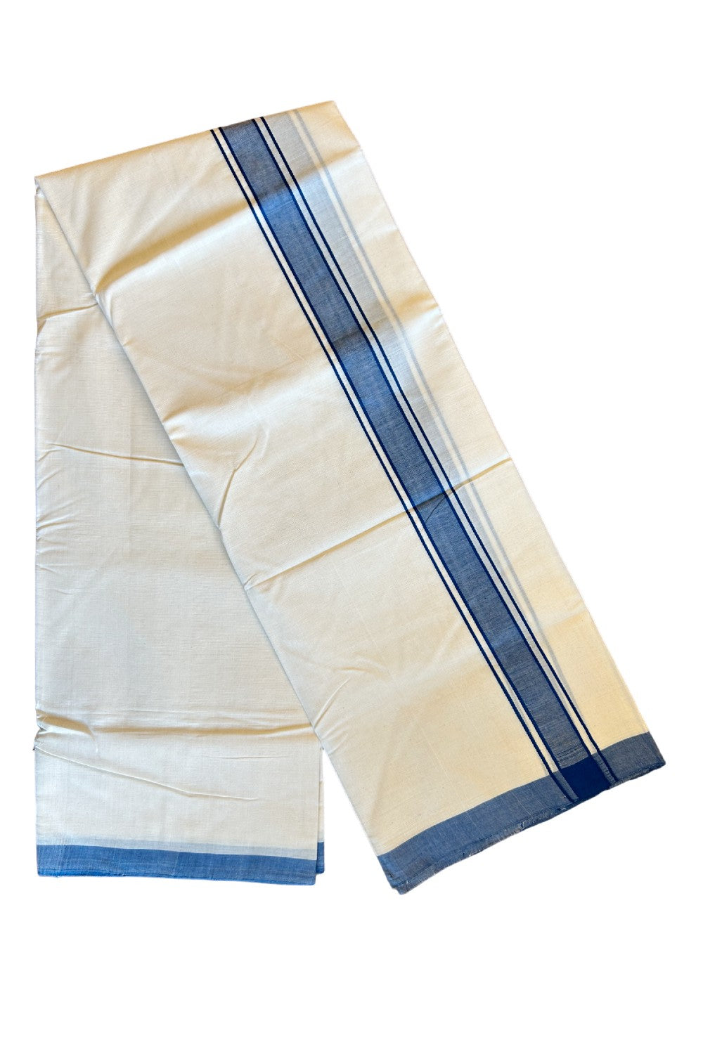 30% DISCOUNT!! KaithariKada HANDLOOM UNAKKUPAAV Balaramapuram - 100% PURE Cotton OFF White (Unbleached) Double Mundu/Dothi - 1.75 Inch Blue Kara - 31KK456KK
