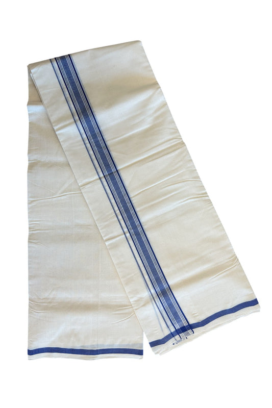 30% DISCOUNT! KaithariKada BALARAMAPURAM HANDLOOM Unakkupaav- 100% PURE Cotton 100x100 Double Mundu/Dhoti OFF WHITE (Unbleached) - Navy Stripes Kara