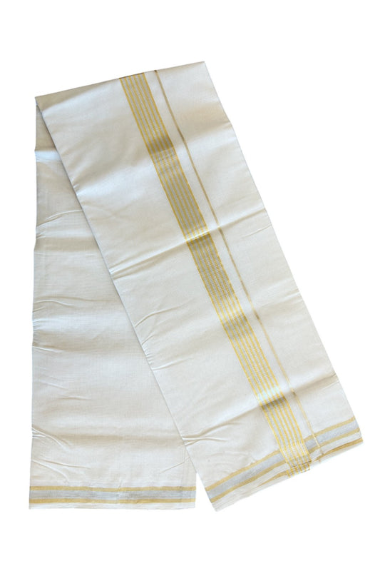 30% DISCOUNT ! KaithariKada HANDLOOM Millpaav Balaramapuram - 100% PURE Cotton Off White (Unbleached) Double Mundu/Dhoti - Gold Kasavu & Silver Striped Kara- 43KK203RAM