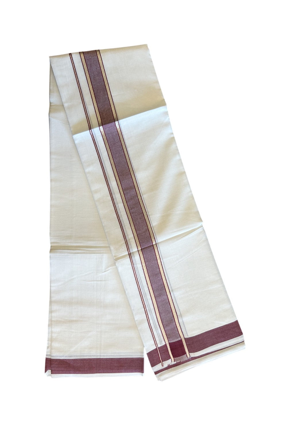 20% DISCOUNT! KaithariKada Balaramapuram 100% Mercerised Cotton Double ULTRA PURE white Mundu/Dhoti - 100x100  2.25 inch Silver Kasavu & Maroon Kara - 31KK5108GAN