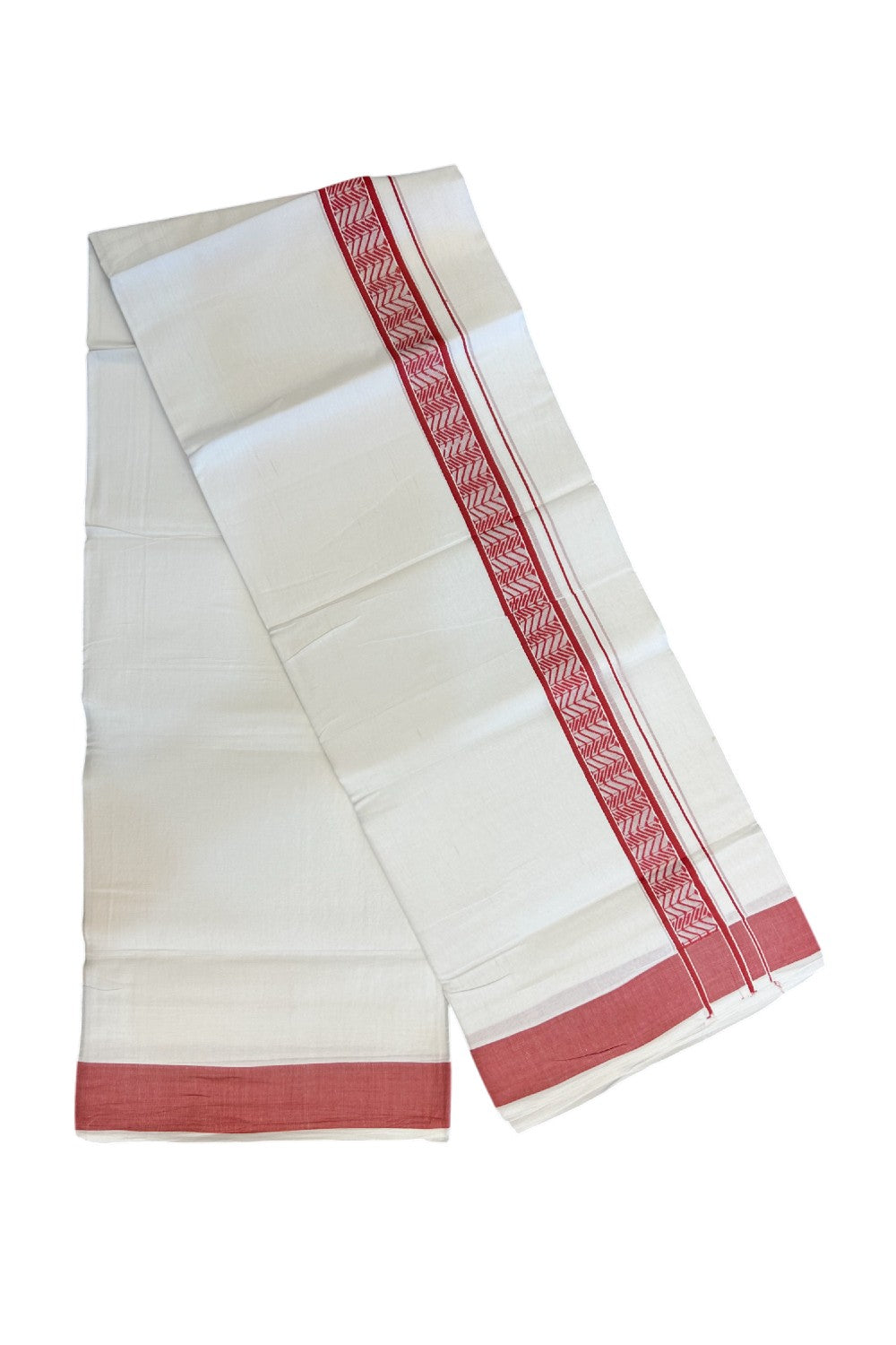 28% DISCOUNT! KaithariKada Balaramapuram Double PURE WHITE 100% Cotton Mundu/Dhoti - 100x80 - 1.5 inch Jacquard Red Kara - 31KK5139THI