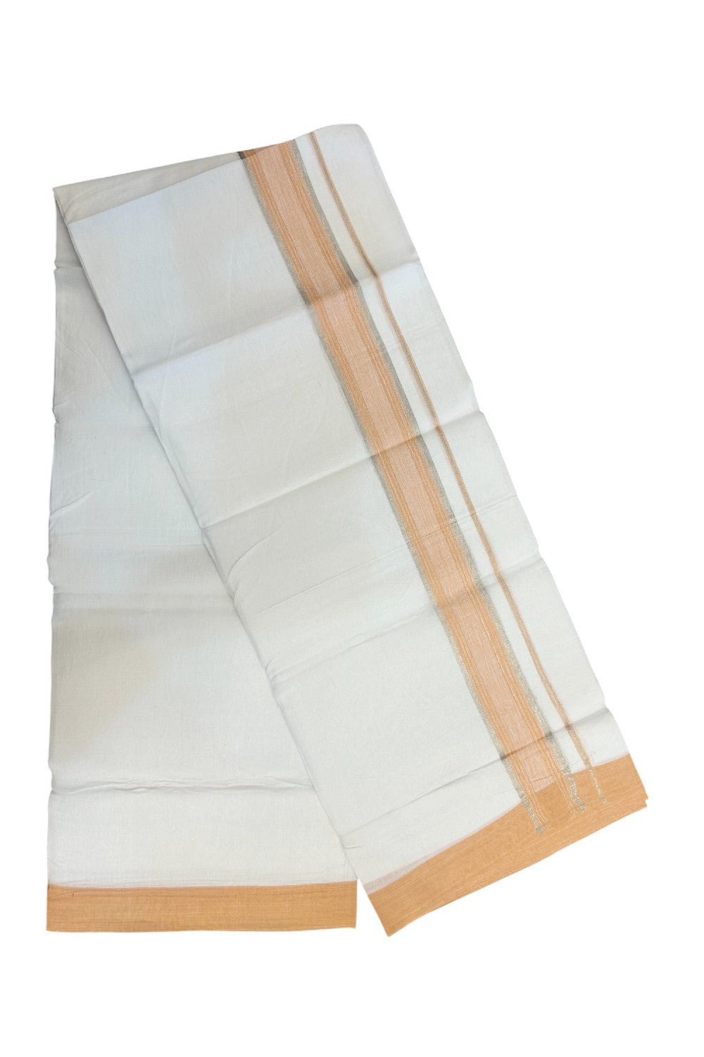 Linen Dhoti NEW! 20% Discount from Kaitharikada.com - Double Mundu/Dhoti 80x90 Thread PURE WHITE - Pure Cotton + Linen -1.75 Inch Light Orange & Silver Striped Kara - 31KK5174THI