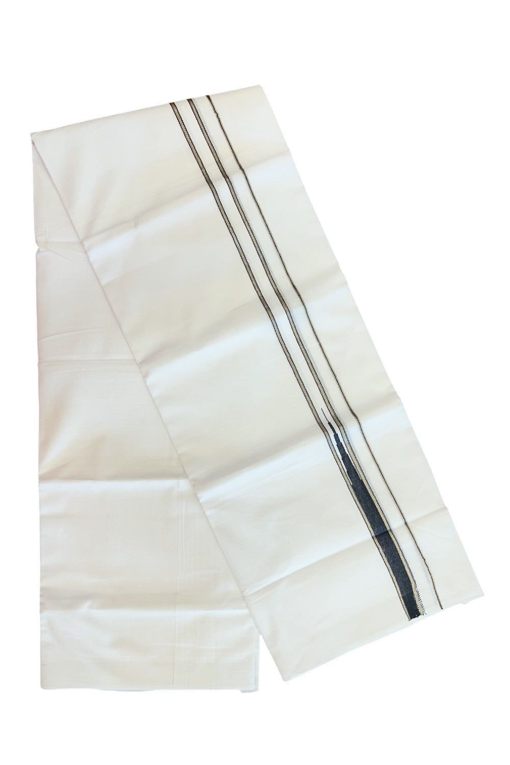 20% Discount ! Kaitharikada Balaramapuram 100% Cotton PURE WHITE Double Mundu/Dothi - 100x80 - 0.75 inch Silver Kasavu & Black Temple Chutty Kara - 31KK5182VAS