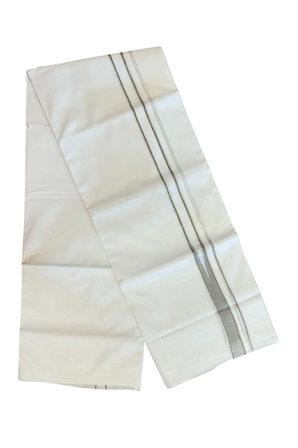 20% Discount ! Kaitharikada Balaramapuram 100% Cotton PURE WHITE Double Mundu/Dothi - 100x80 - 1 inch Silver Kasavu & Sage Green Striped chutty kara - 31KK5183VIN