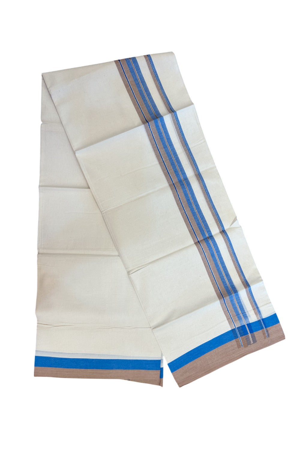 20% DISCOUNT !! KaithariKada Balaramapuram 100% Pure Cotton Double Off white - (Unbleached) Mundu/Dhoti-100x100 - 1.5 inch Puliyilakkara Silver Kasavu Blue & Brown Shaded Stripes Kara - 30KK5186CKS