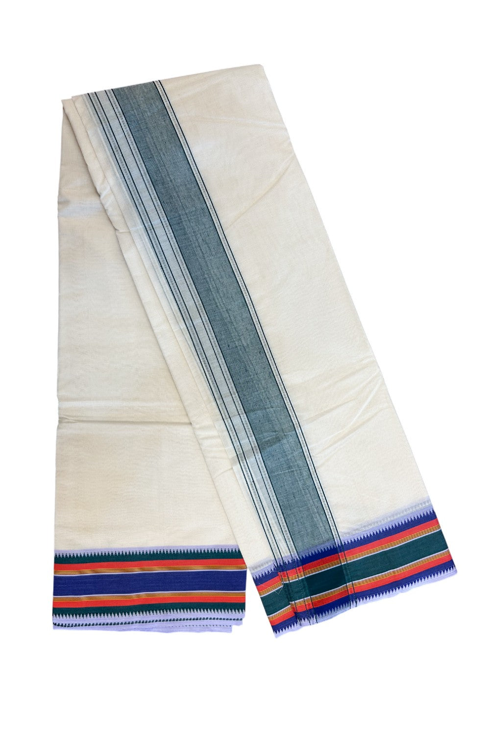 20% DISCOUNT! KaithariKada 100% Cotton Off White - (Unbleached) - Pure Cotton -100x100 thread - NORTH INDIAN - ATTACHED GAMCHA 9X5 Dhoti Dark green kara with Violet Green & Red Brown Striped border - 31KK5196PMC