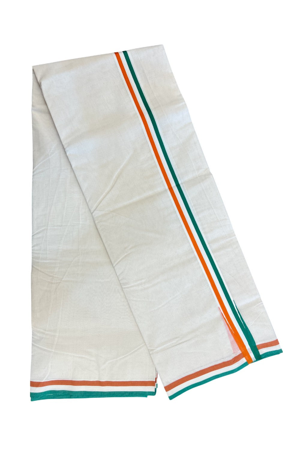 CONGRESS VESHTI - 20% DISCOUNT! KaithariKada 100% Cotton off white Double - (Unbleached) Mundu/Dhoti - 100X80 - 1.25 inch Puliyilakkara Orange White & Green Chutty Kara - 31KK5218ASH