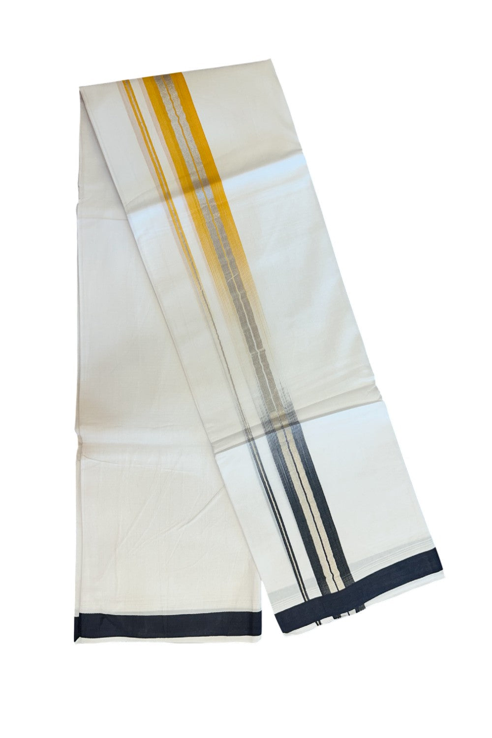 20% Discount!!! KaithariKada Balaramapuram Double PURE WHITE  RAINBOW  Mundu/Dhoti - 100X80 - 1.5 inch Silver Kasavu Orange & Black shaded Striped Kara - 31KK5220 THI