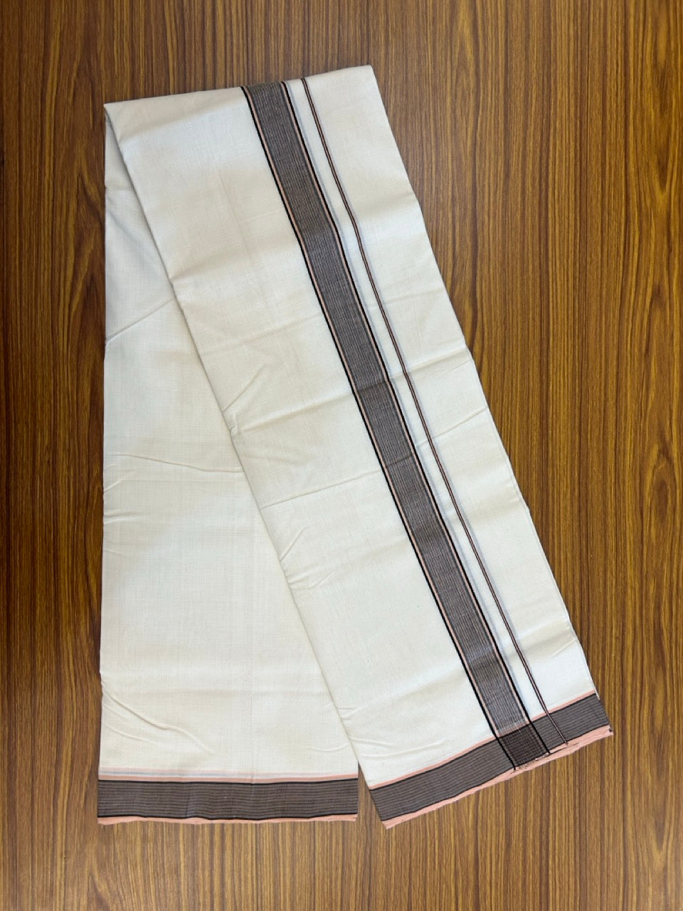 25% DISCOUNT!! KaithariKada HANDLOOM  UNAKKUPAAV Balaramapuram - 100% PURE Cotton OFF White - (Unbleached) Double Mundu/Dothi - 100 x 80 - 1.50 inch Peach Black Kara 3.80 meter (8.5 mulam) - 31 KK5249 REA